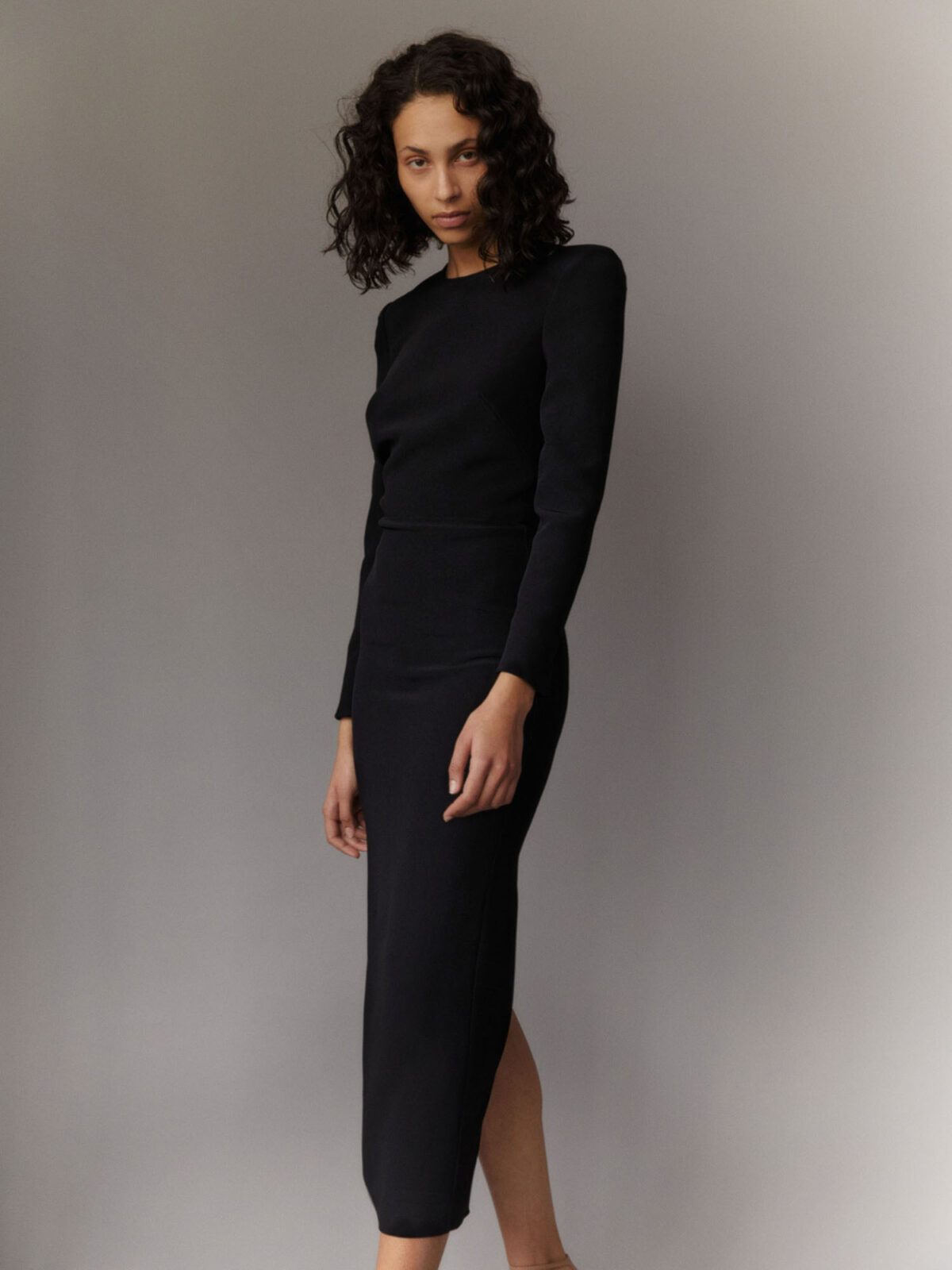 black midi dress with long sleeves in heavy crepe
