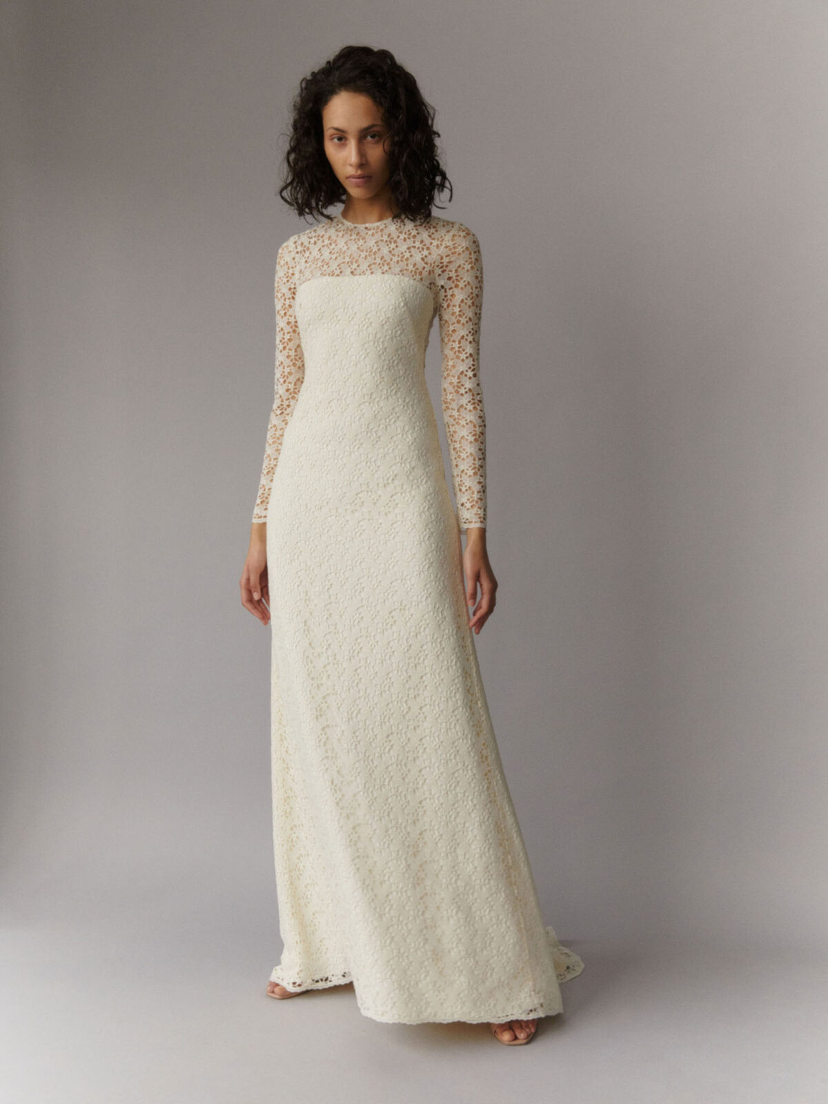 buttermilk full lace gown with long sleeves in silk leavers lace