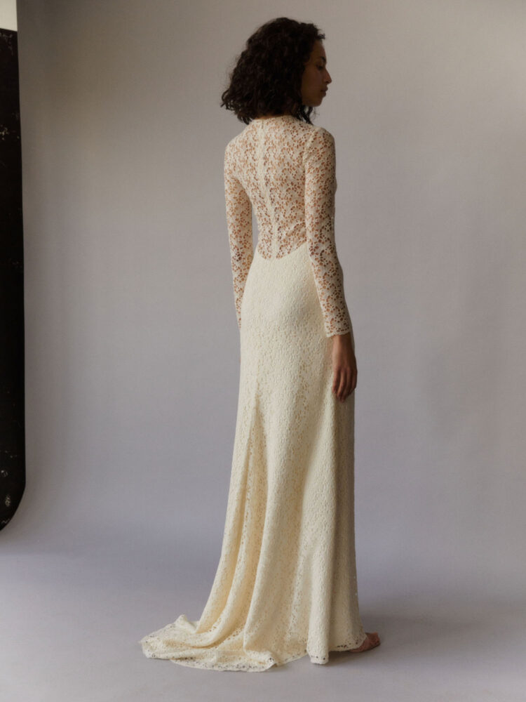 buttermilk full lace gown with long sleeves in silk leavers lace