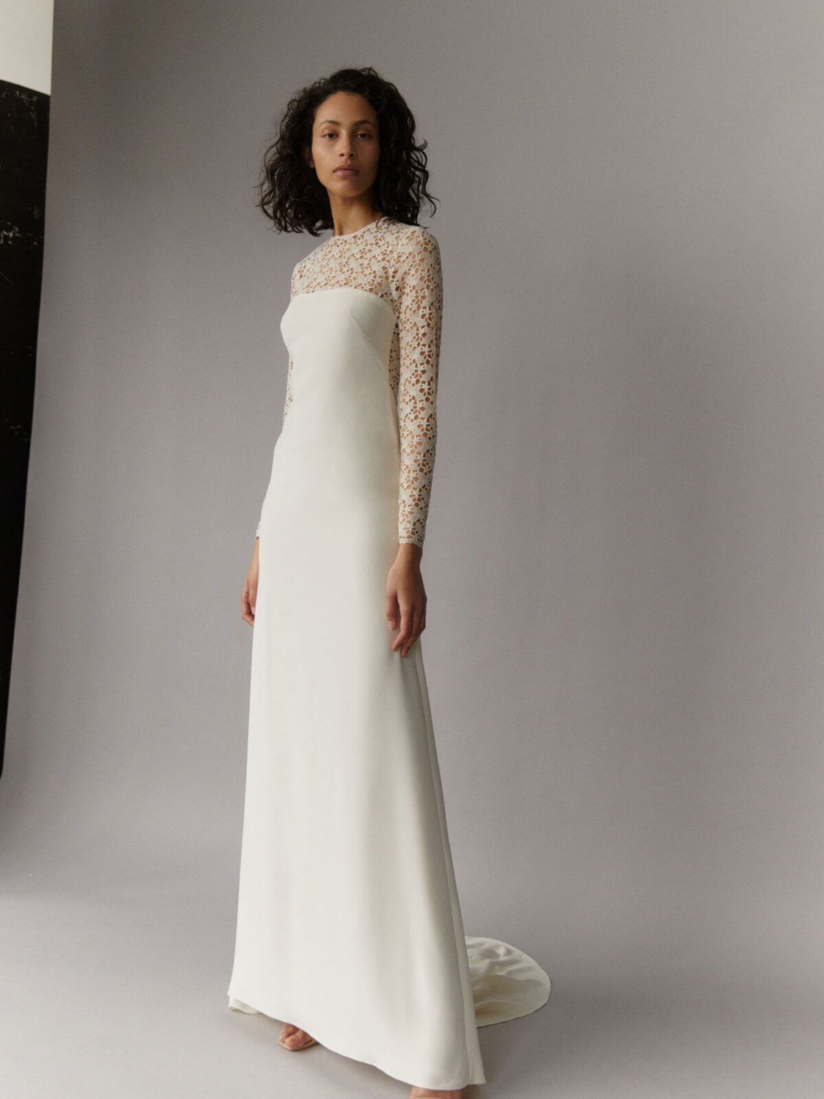 esmée 2023 half lace wedding dress with long sleeves in 100% silk leavers lace full figure front