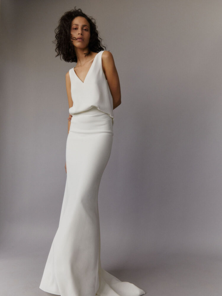 contemporary bridal separates; v-neck top and fitted skirt in ivory heavy crepe