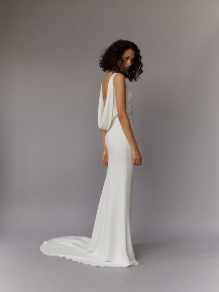 cowl back wedding dress with high neck in ivory heavy crepe