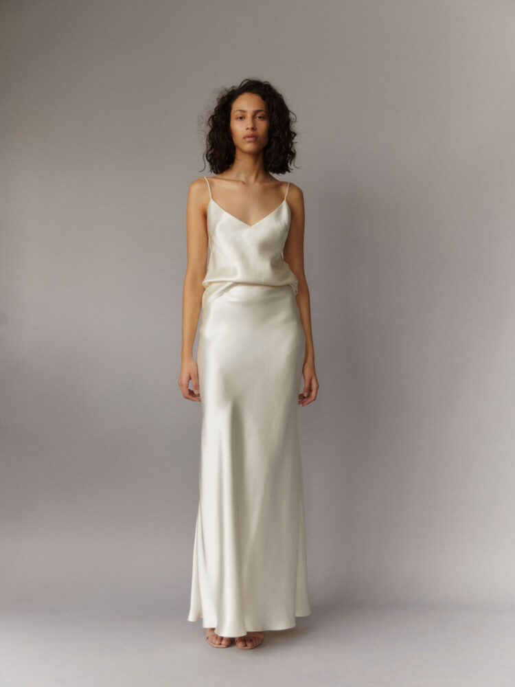 bias-cut wedding dress separates outfit; camisole top and bias-cut skirt in ivory silk satin