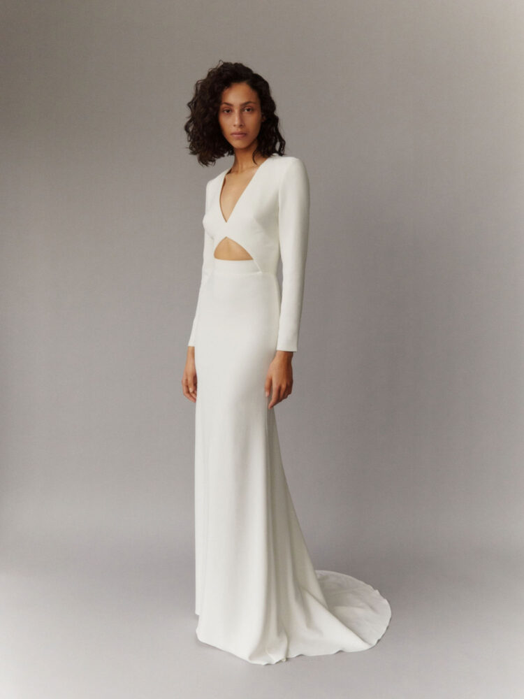 modern cut-out wedding dress with long sleeves in ivory heavy crepe