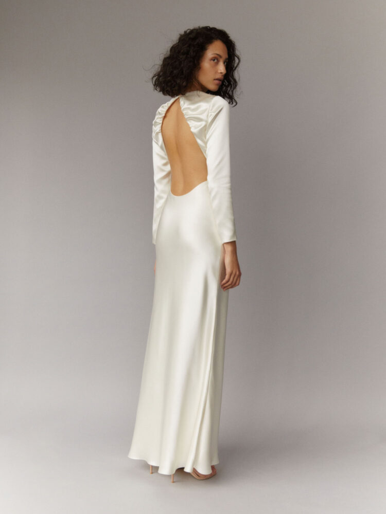 long sleeve backless wedding dress in ivory silk satin