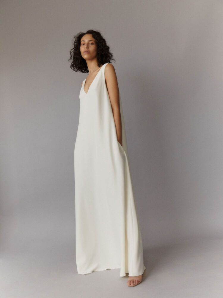 effortless, casual wedding dress with pockets and deep v-back in buttery soft silk crepe