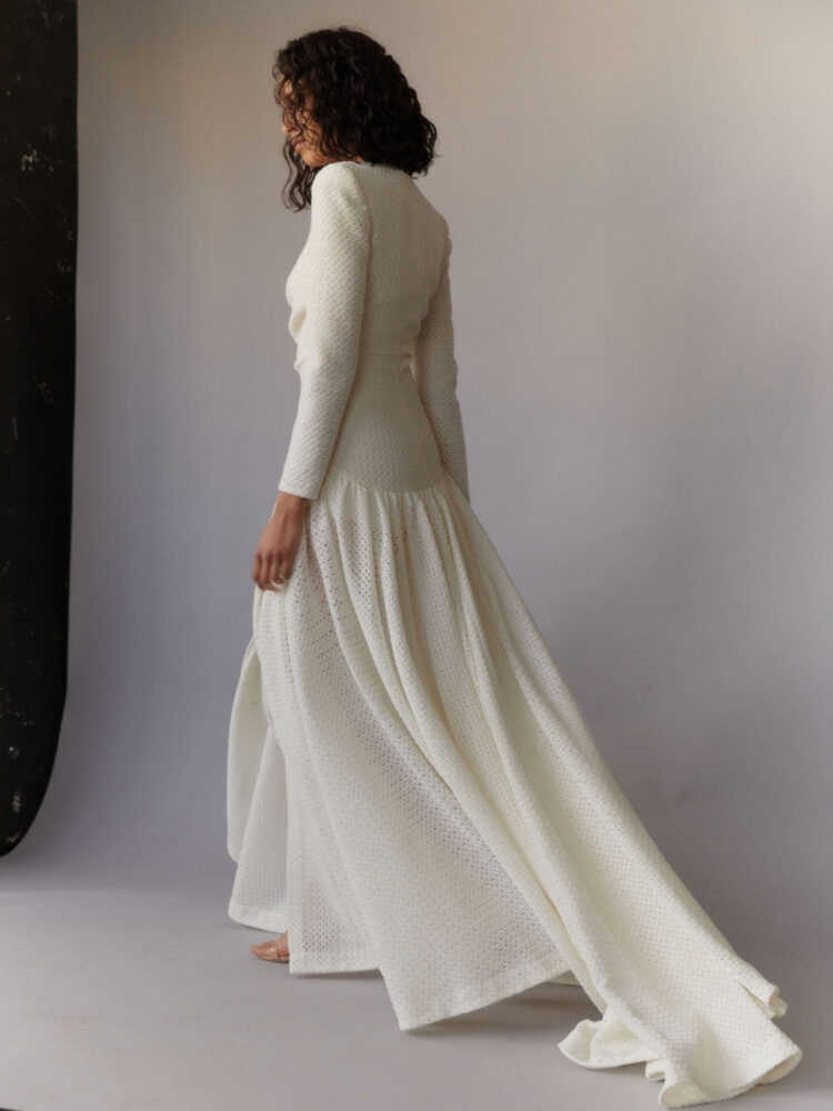 high-fashion wedding dress with long sleeves in ivory embroidered velvet