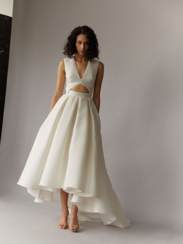 selma 2023 high low wedding dress with cut out detail in silk-blend jacquard full figure