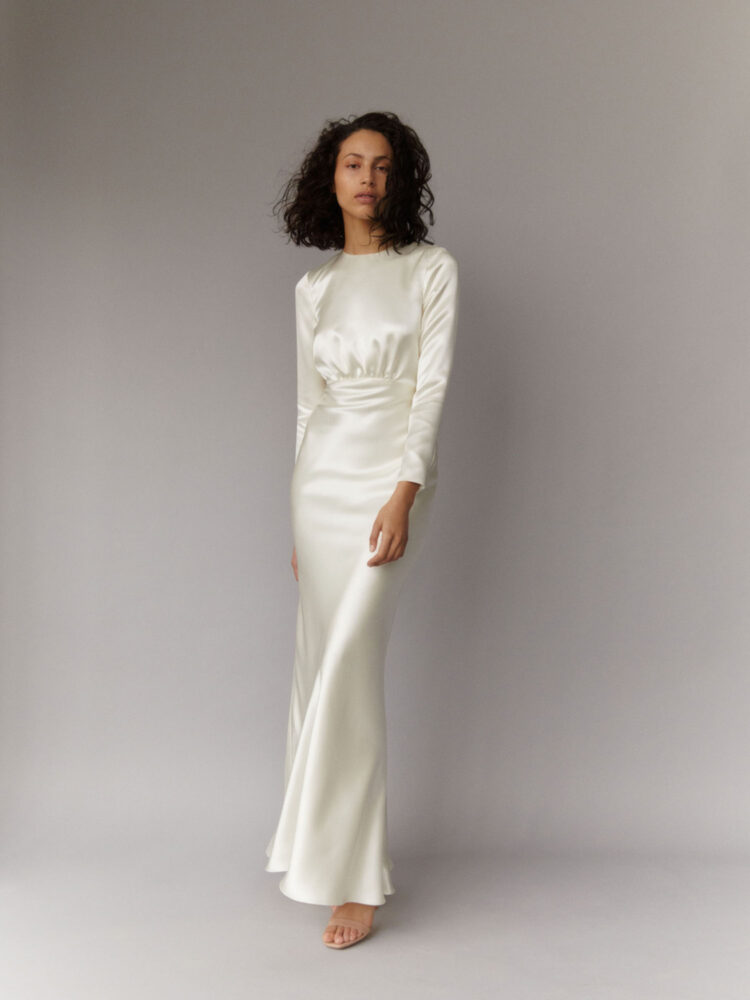 long sleeve backless wedding dress in ivory silk satin