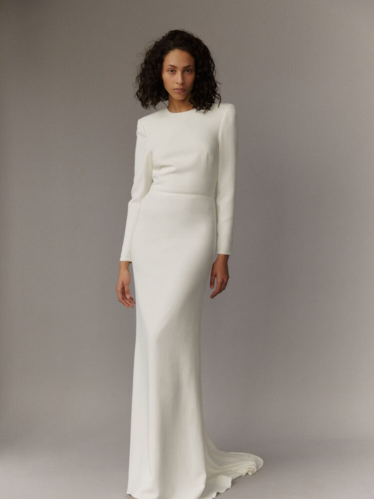 ivory long-sleeved gown in heavy crepe