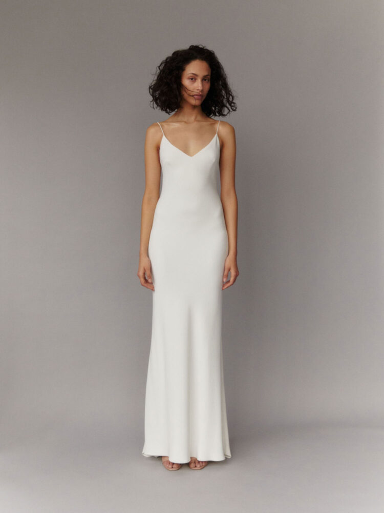 bias-cut bridal slip dress with spaghetti straps in ivory heavy crepe