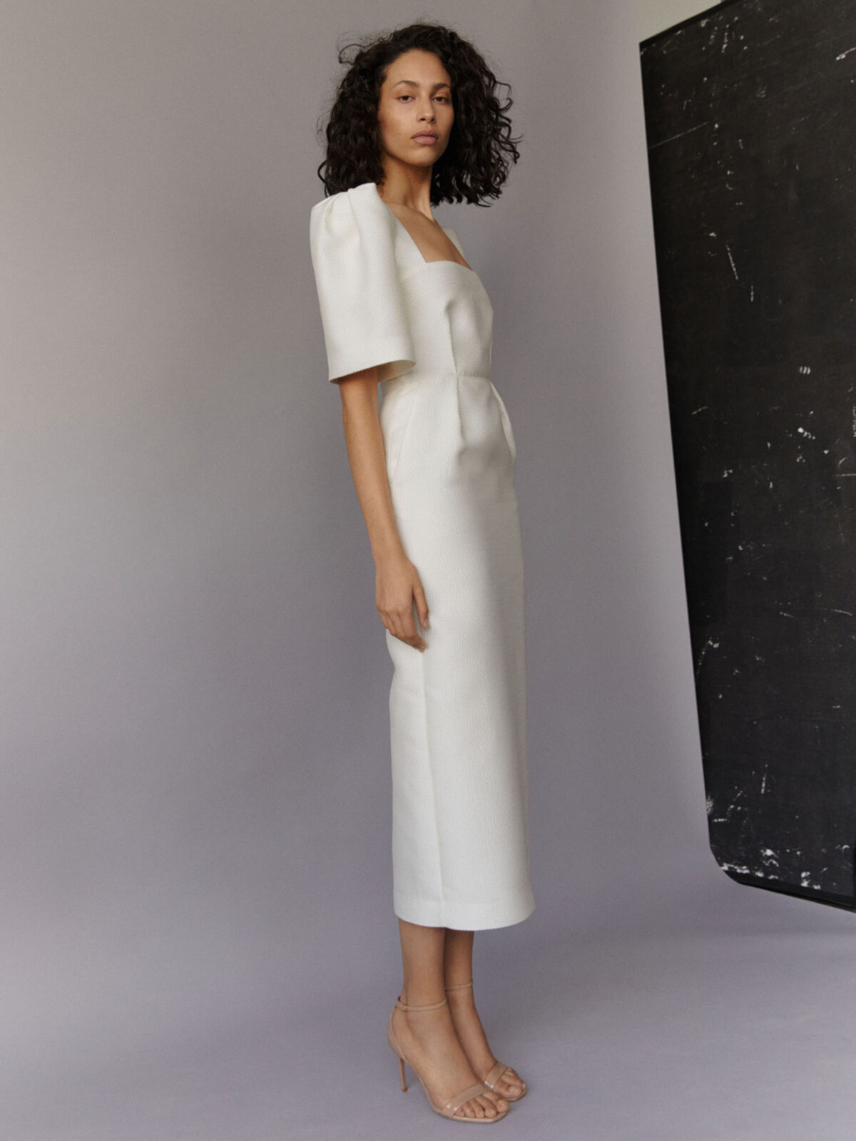 ivory pencil midi dress with square neckline and signature sleeves in jacquard