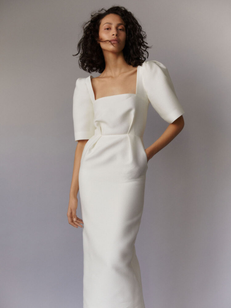 ivory square neck midi dress with fékih signature bow sleeves, and pencil skirt with pockets in jacquard gazar – wedding and occasion wear