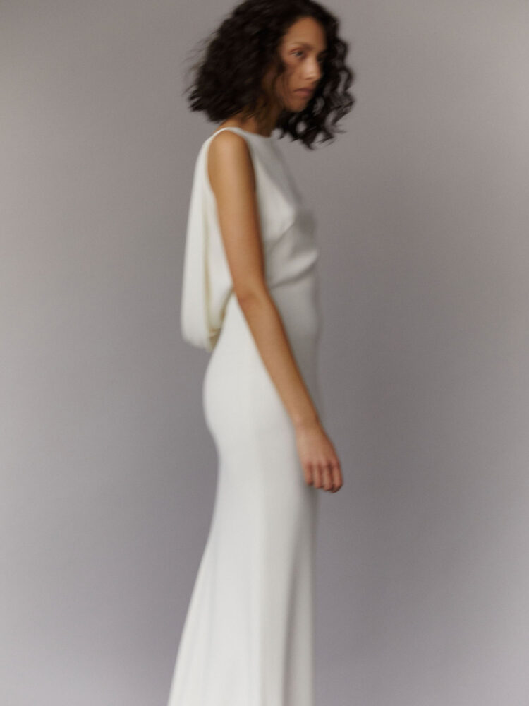 ivory plunging back gown in heavy crepe