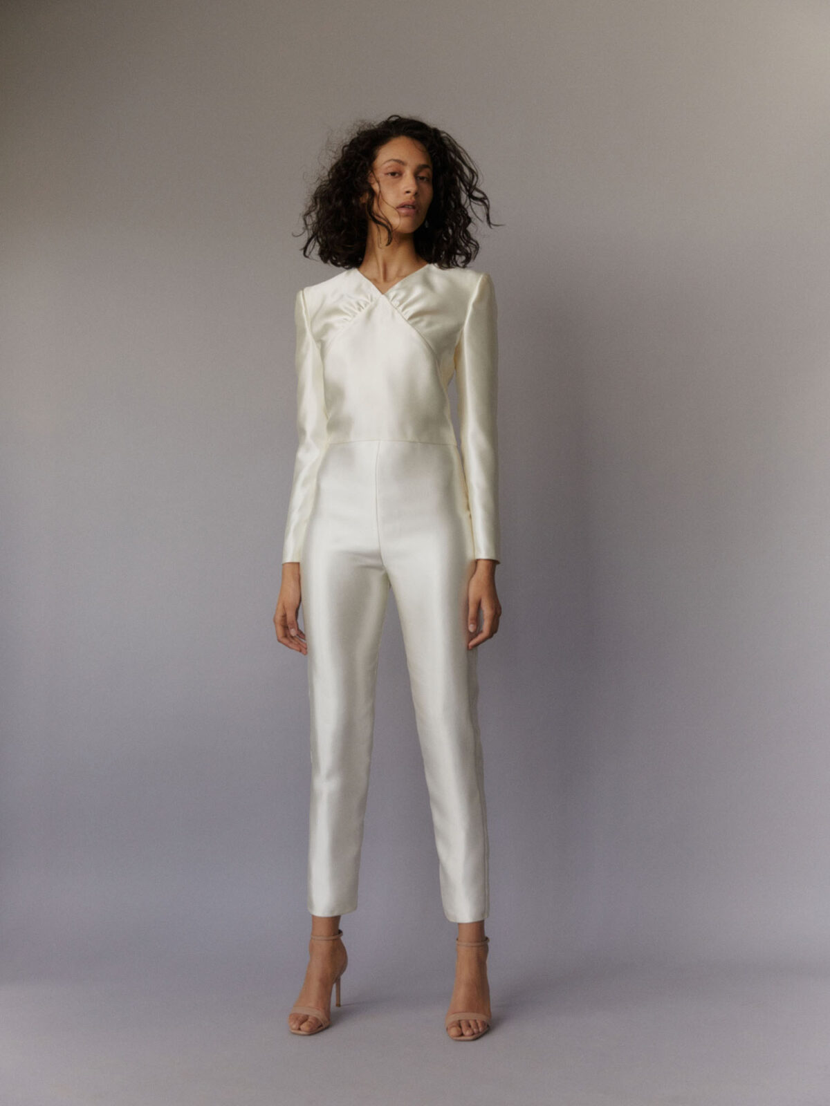ivory satin jumpsuit with long sleeves