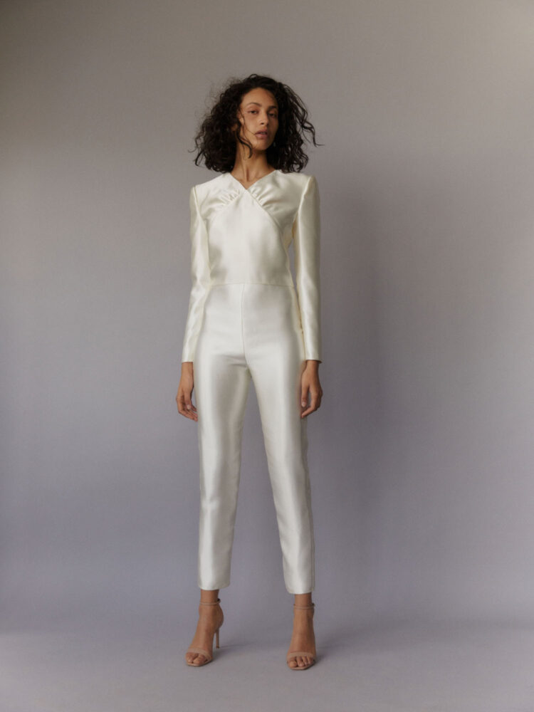 ivory wedding jumpsuit with long sleeves in silk satin