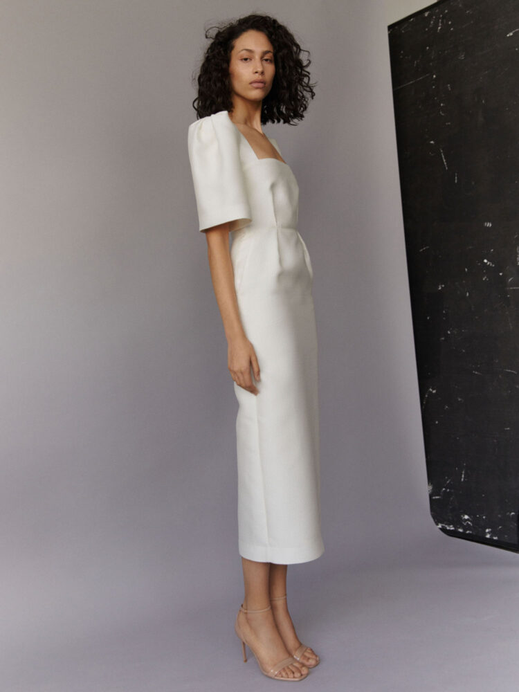 ivory square neck midi dress with fékih signature bow sleeves, and pencil skirt with pockets in jacquard gazar – wedding and occasion wear