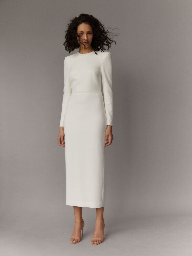 white bodycon midi dress with long sleeves in heavy crepe - wedding and occasion wear